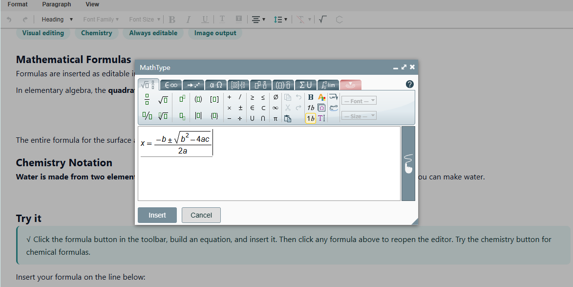 The MathType editor building the quadratic formula inside Synap Editor