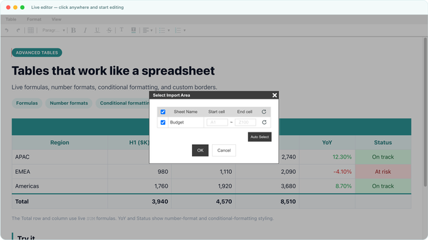 The Select Import Area dialog: choosing a sheet and a cell range to import from a spreadsheet