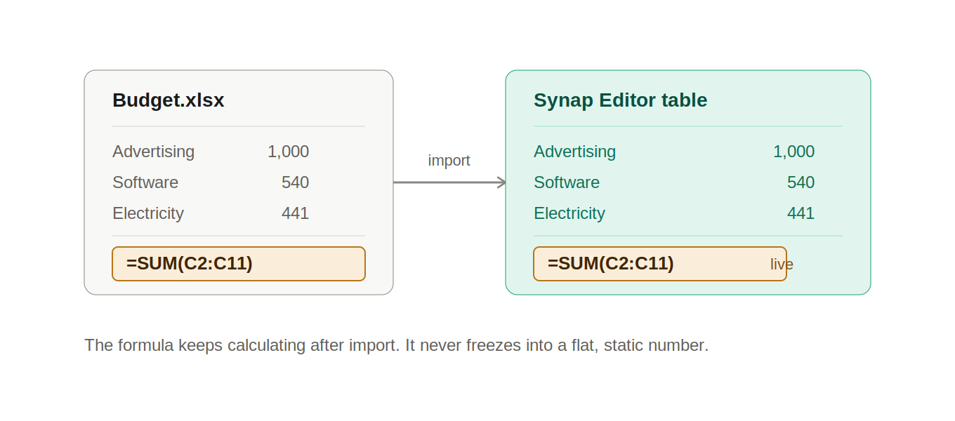 Diagram showing an Excel SUM formula remaining live and functional after import into Synap Editor