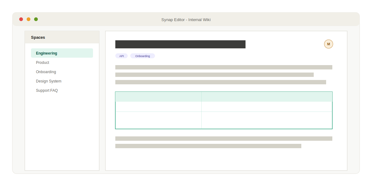 A groupware-style interface with a sidebar of document categories and a main editing area showing formatted text and a table